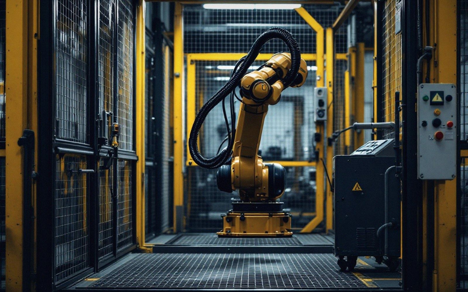 Industrial robotic arm enclosed within a yellow mesh safety cage on a factory floor