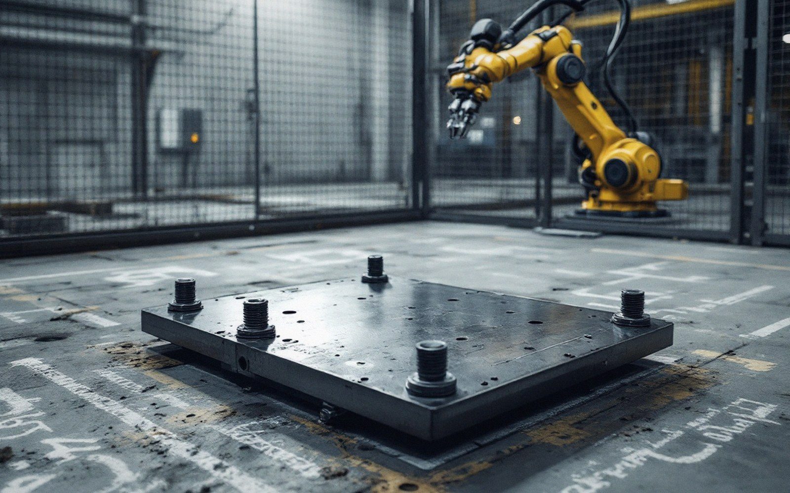 Yellow industrial robotic arm mounted behind a bolted steel mounting plate on the floor