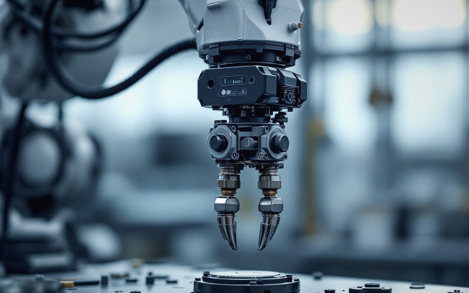 Close-up of a robotic arm's gripper with dual pincers poised above a workpiece