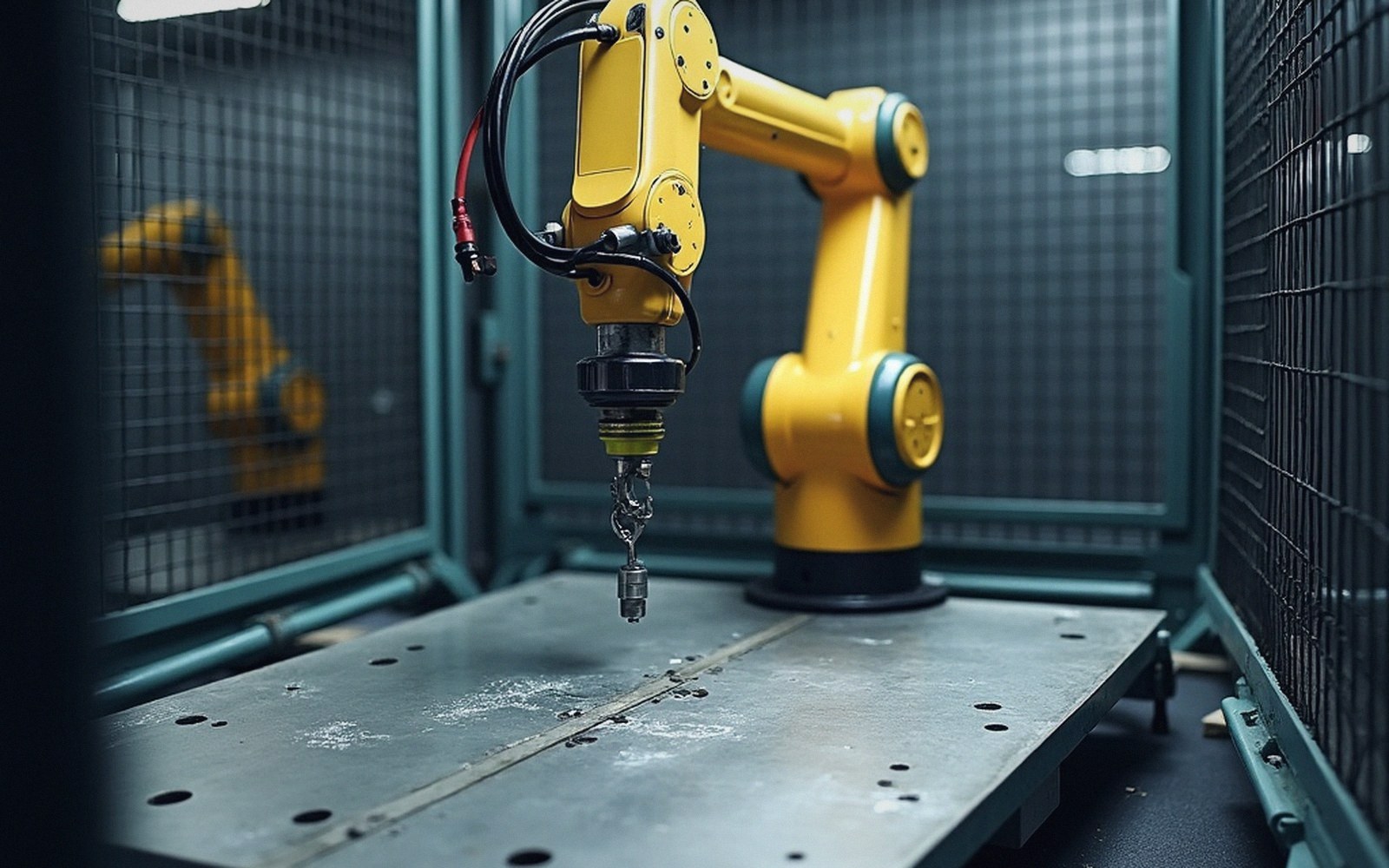 Yellow industrial robotic arm positioned over a metal work table inside a wire safety cage