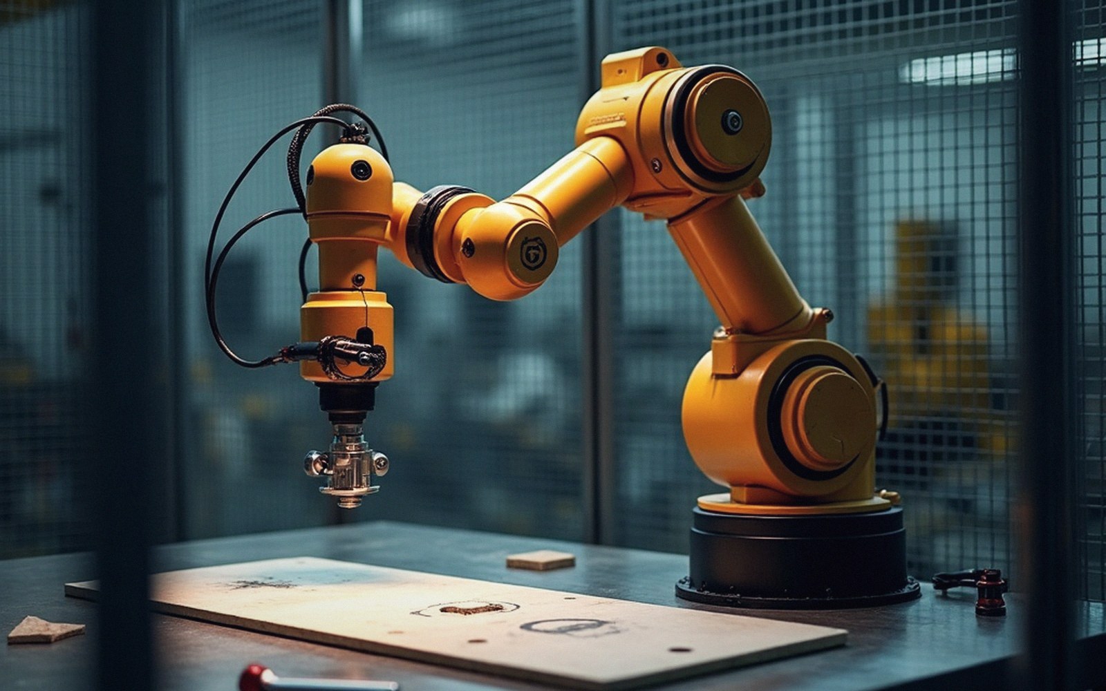 Yellow industrial robotic arm positioned over a marked wooden panel behind safety fencing