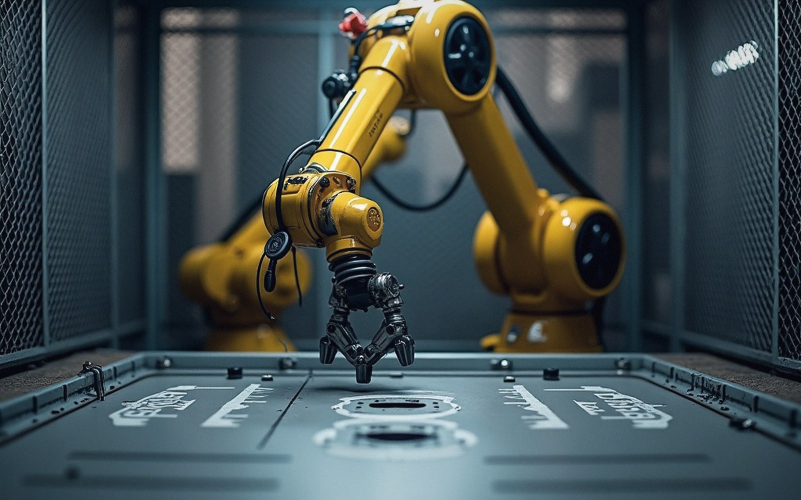 Yellow industrial robotic arm with a gripper positioned above a metal fixture plate