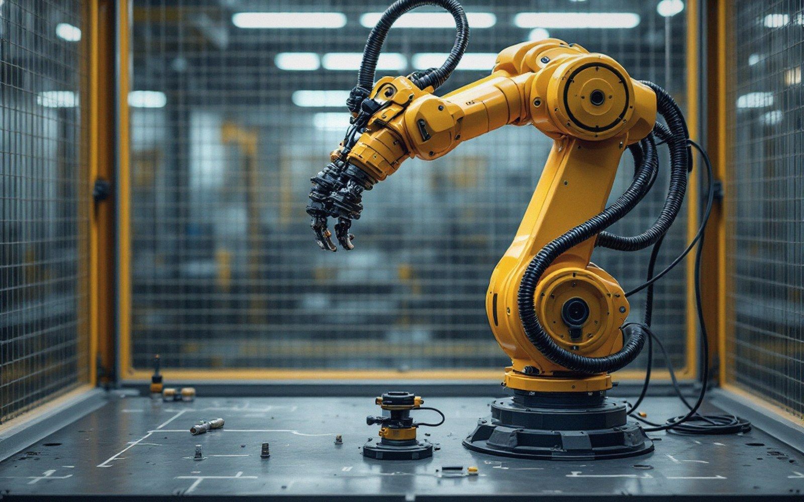 A yellow industrial robotic arm with gripper tooling stands inside a wire-caged factory enclosure