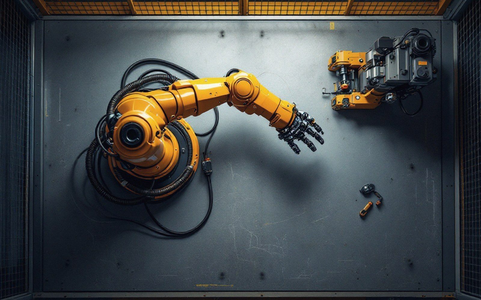 Overhead view of a yellow robotic arm reaching toward a smaller mechanical component on a metal floor