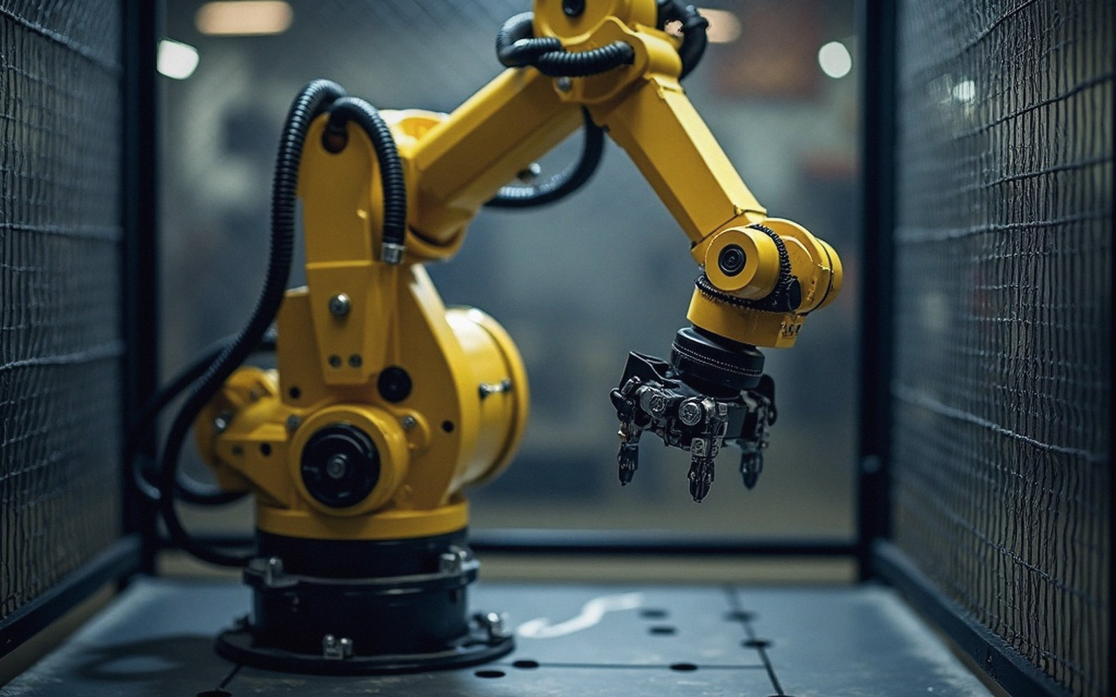 Yellow industrial robotic arm with a gripper attachment enclosed in a wire-mesh cage