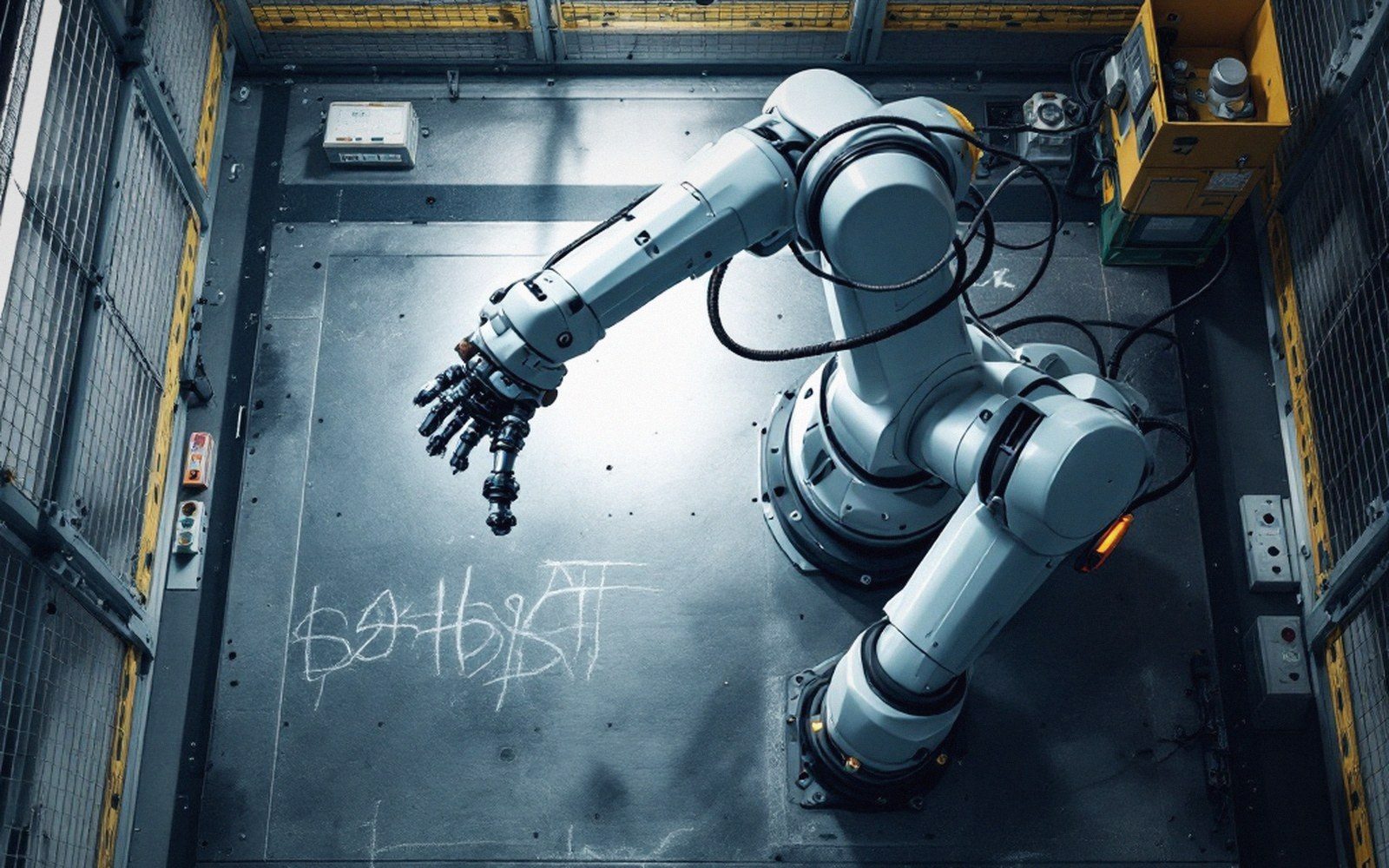 Overhead view of an industrial robotic arm inside a fenced enclosure on a factory floor