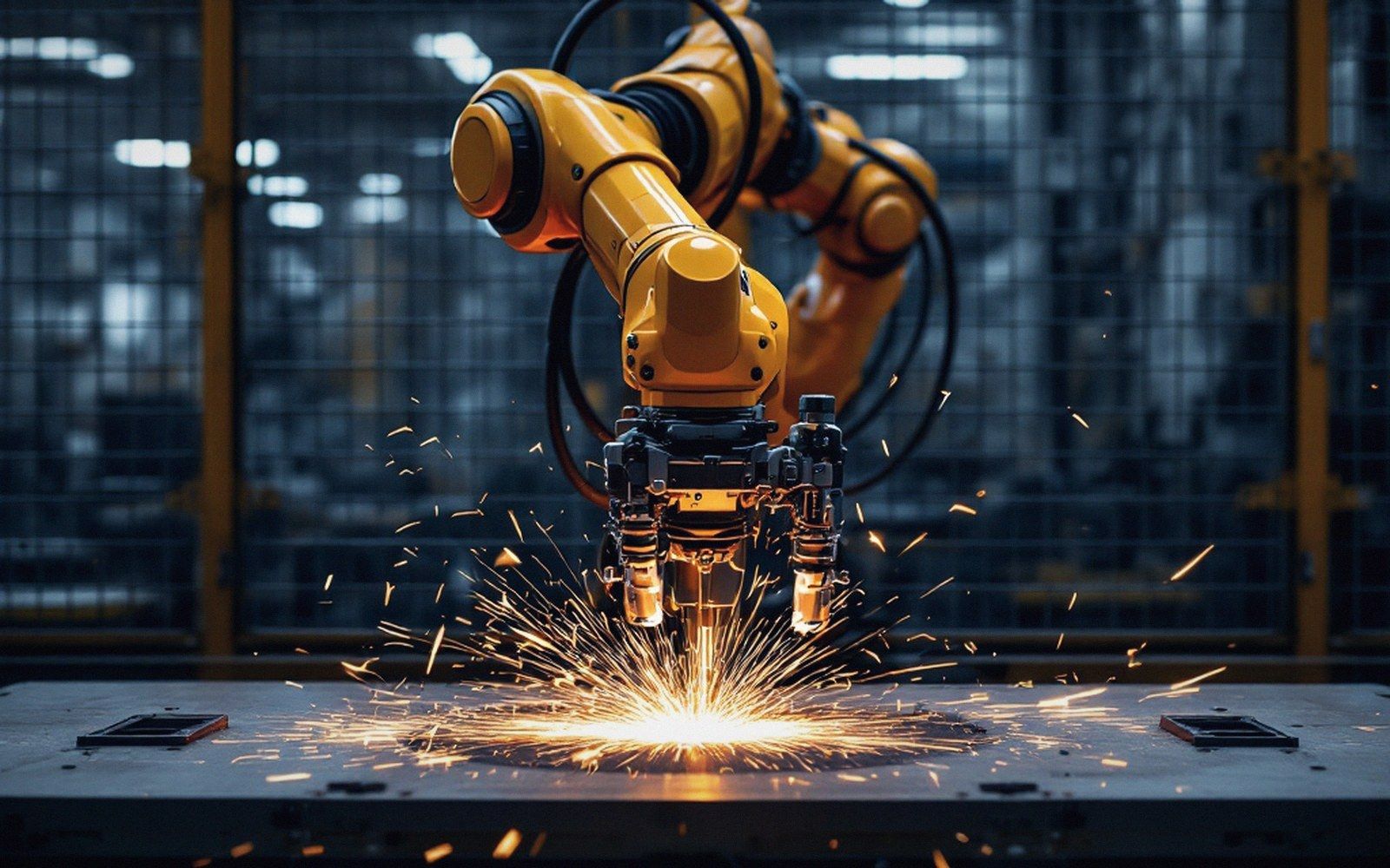 Yellow industrial robotic arm welding metal, sending sparks flying on a factory floor