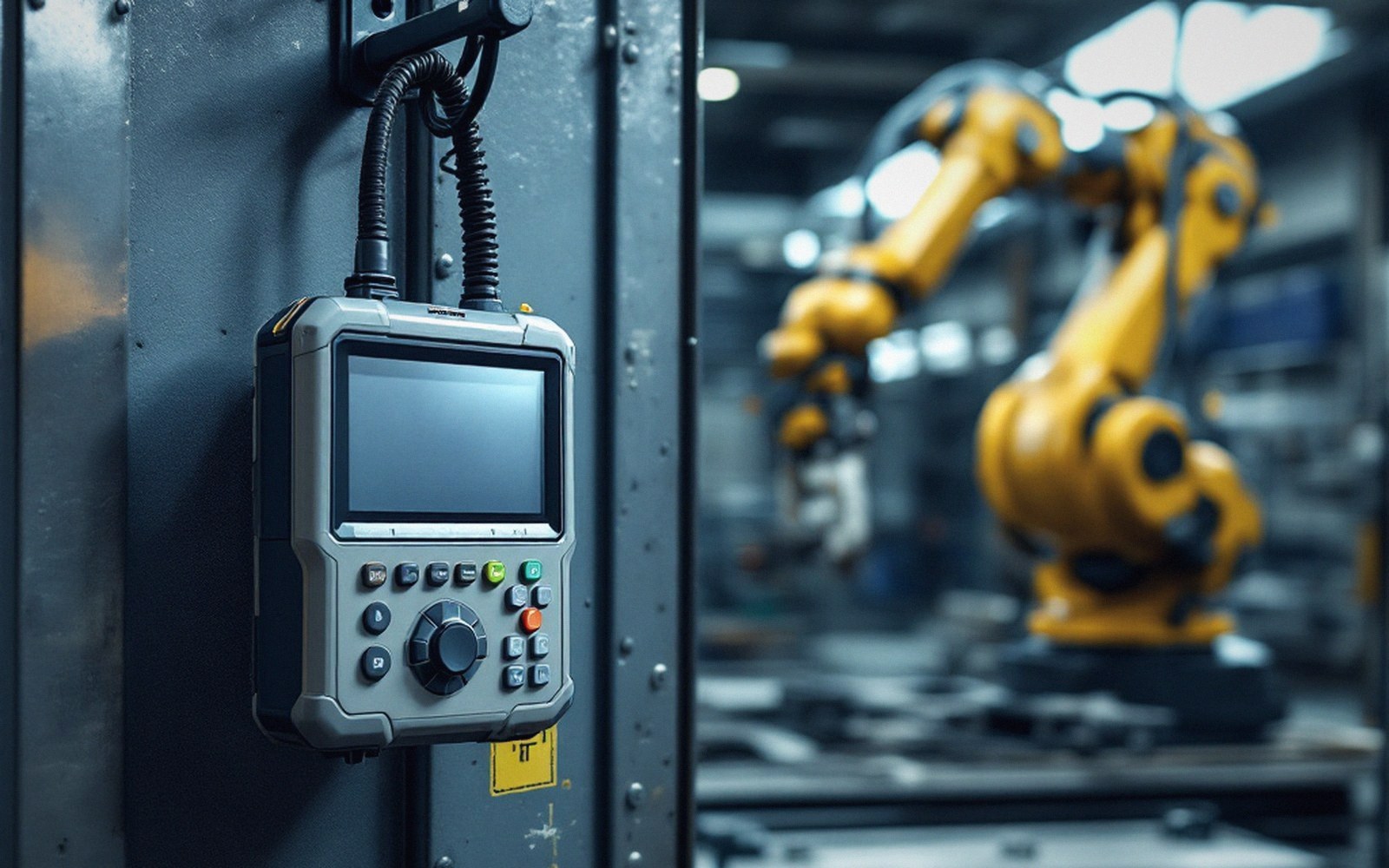 A handheld teach pendant mounted on a factory wall near a yellow robotic arm